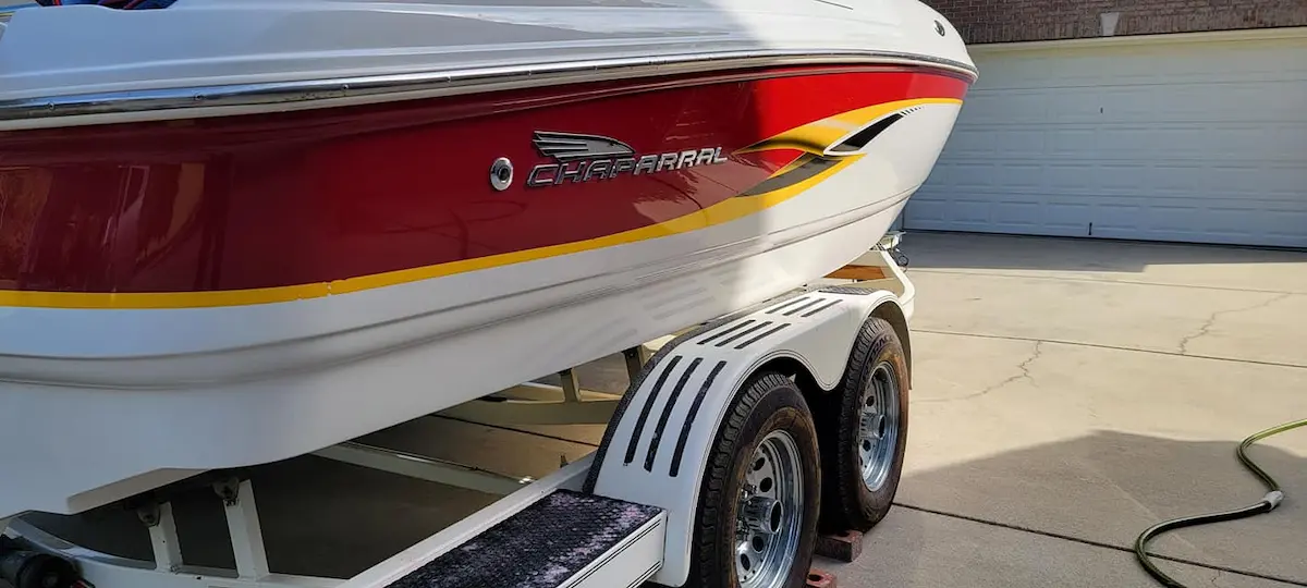 Same boat gelcoat after oxidation removal and polishing by Liquid Art Auto Spa